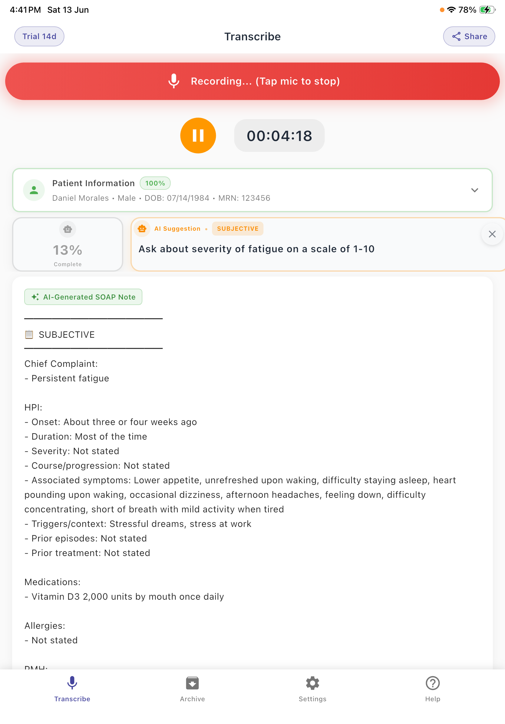 AmpShift on iPad showing a generated SOAP note