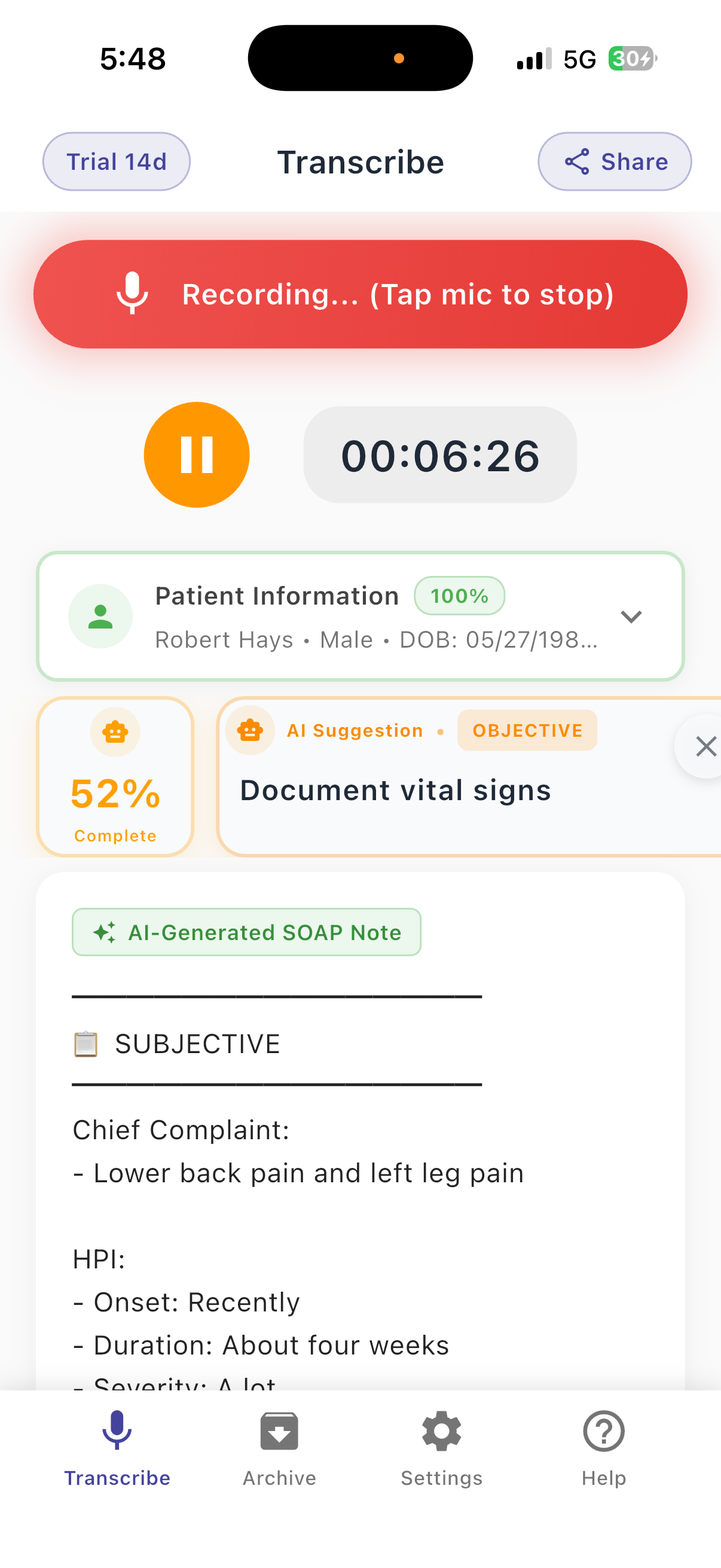 AmpShift AI-generated SOAP note on iPhone